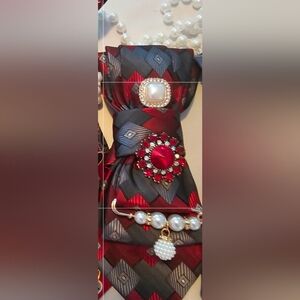 Elegant Red and Gray Tie Brooch Set with Pearl Accents